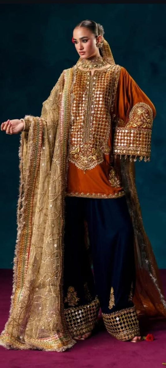 Raw Silk Three Piece Suit with Fully Embroidered Organza Dupatta (Front & Back Design)