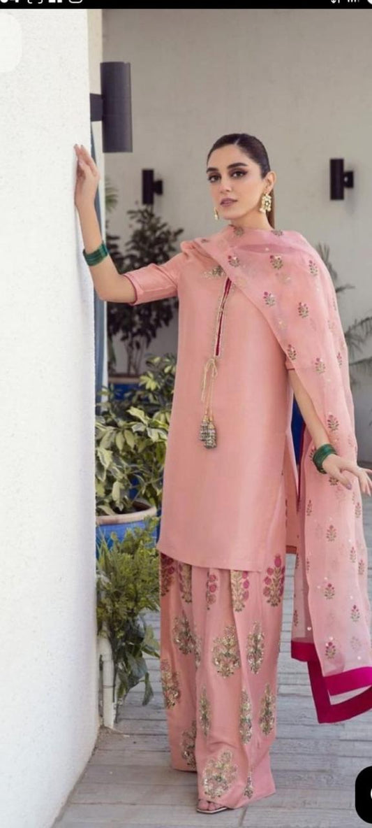 raw silk short shirt farshi shlawar organza dupatta for women