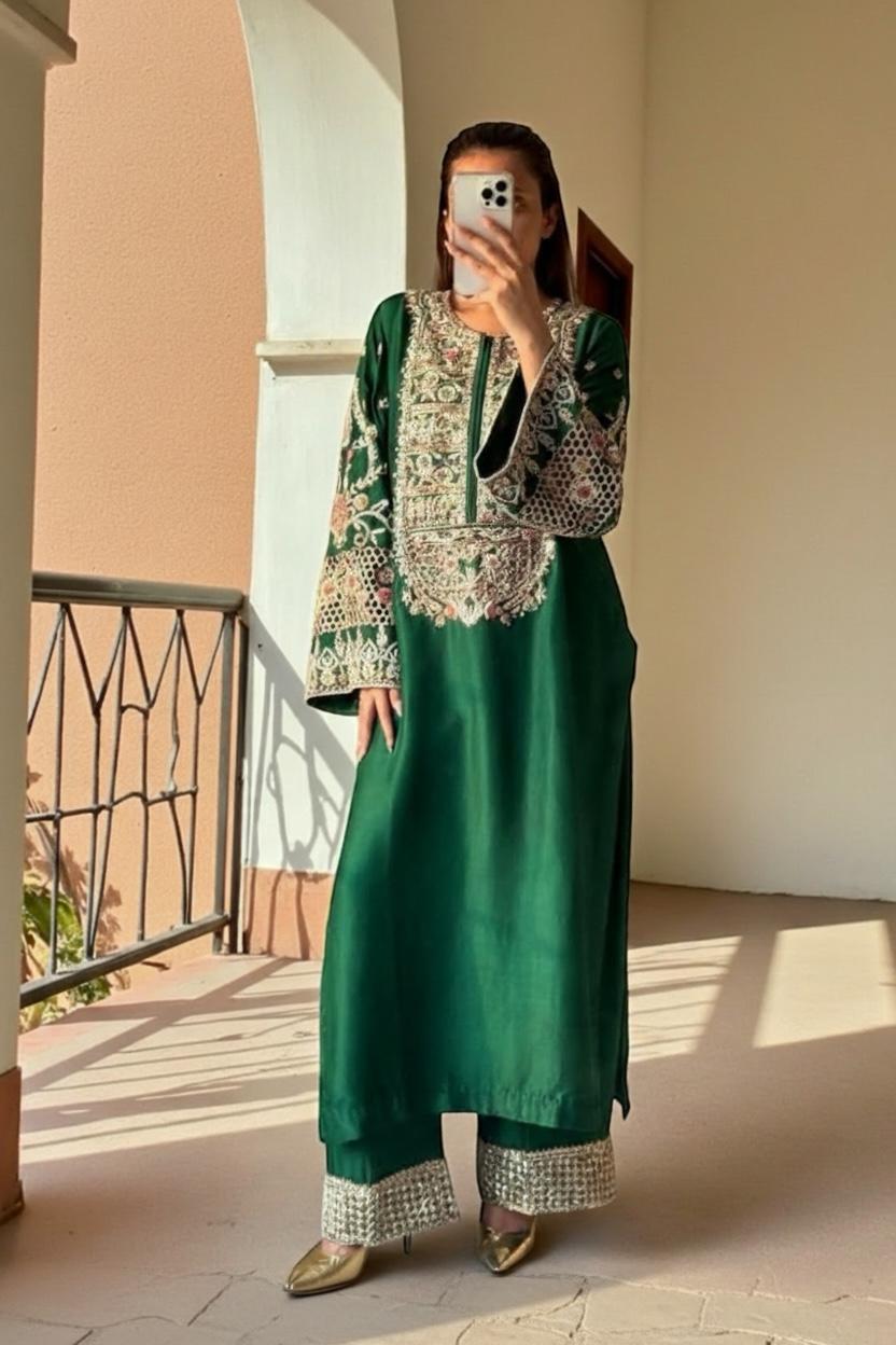 green-silk-3-piece-suit-long-shirt-organza-dupatta hand embroidered for women
