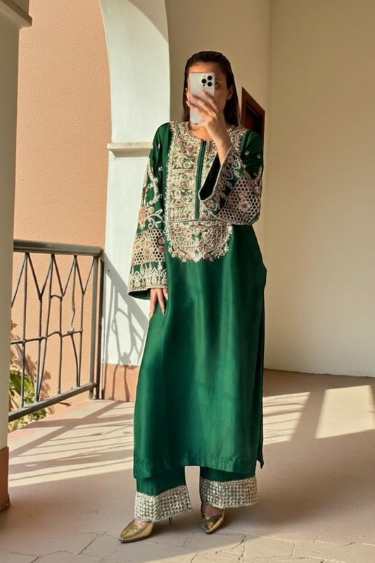 green-silk-3-piece-suit-long-shirt-organza-dupatta hand embroidered for women