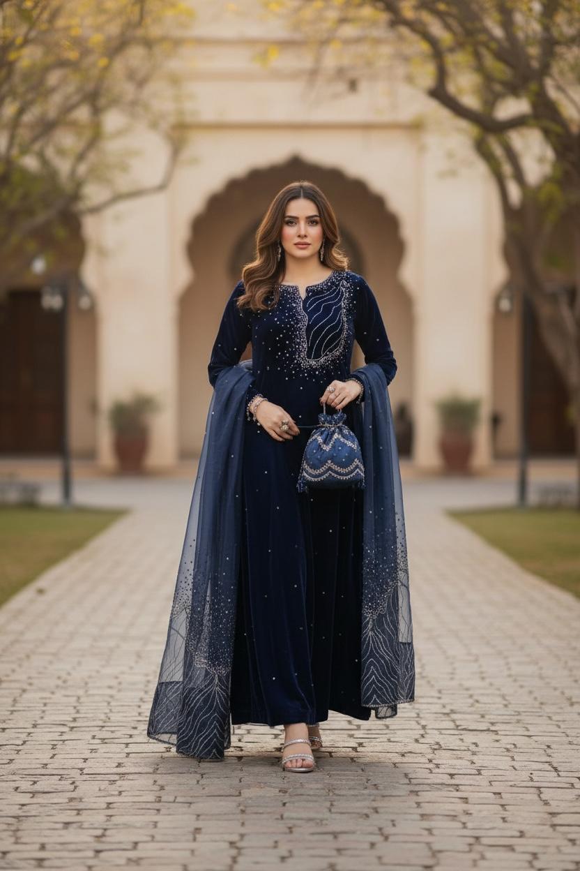 blue-velvet-long-shirt-organza-dupatta-featuring embriodery stone work and sequins