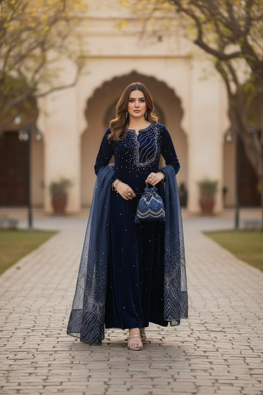 blue-velvet-long-shirt-organza-dupatta-featuring embriodery stone work and sequins