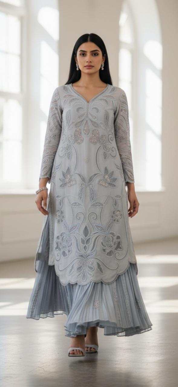 organza silk 3 piece suit with short shirt crushed plazo and organza dupatta for women
