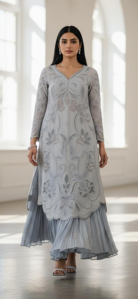 organza silk 3 piece suit with short shirt crushed plazo and organza dupatta for women

