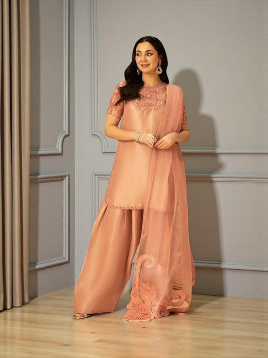 Short shirt 3 piece suit with Farshi shalwar and organza dupatta for women