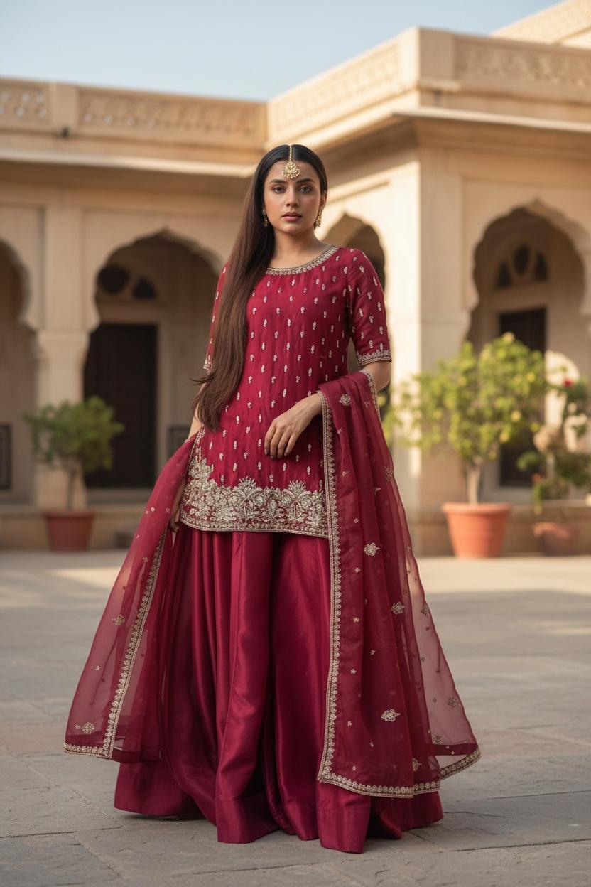 raw silk short shirt with shrara organza dupatta for women with dabka work
