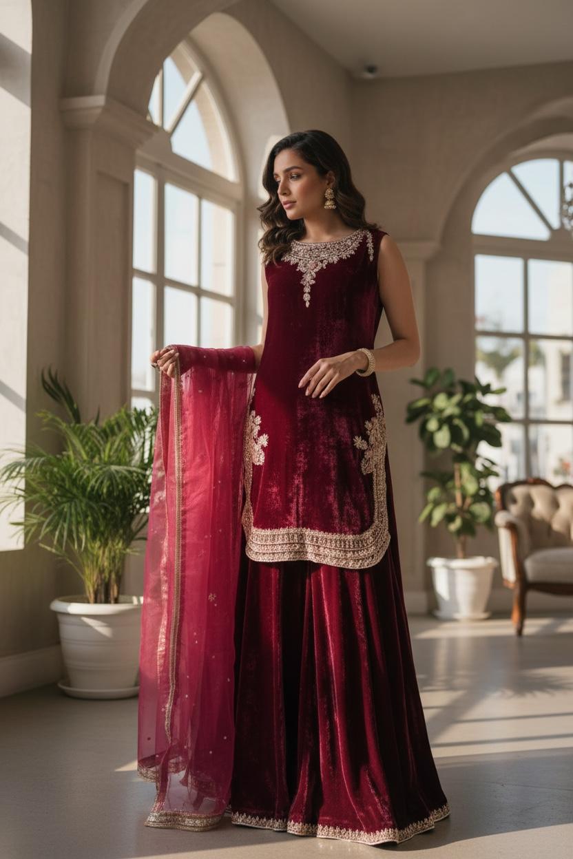 mahroon-velvet-3-piece-suit-short-shirt-plazo organza dupaata handembellished stone and sequins work