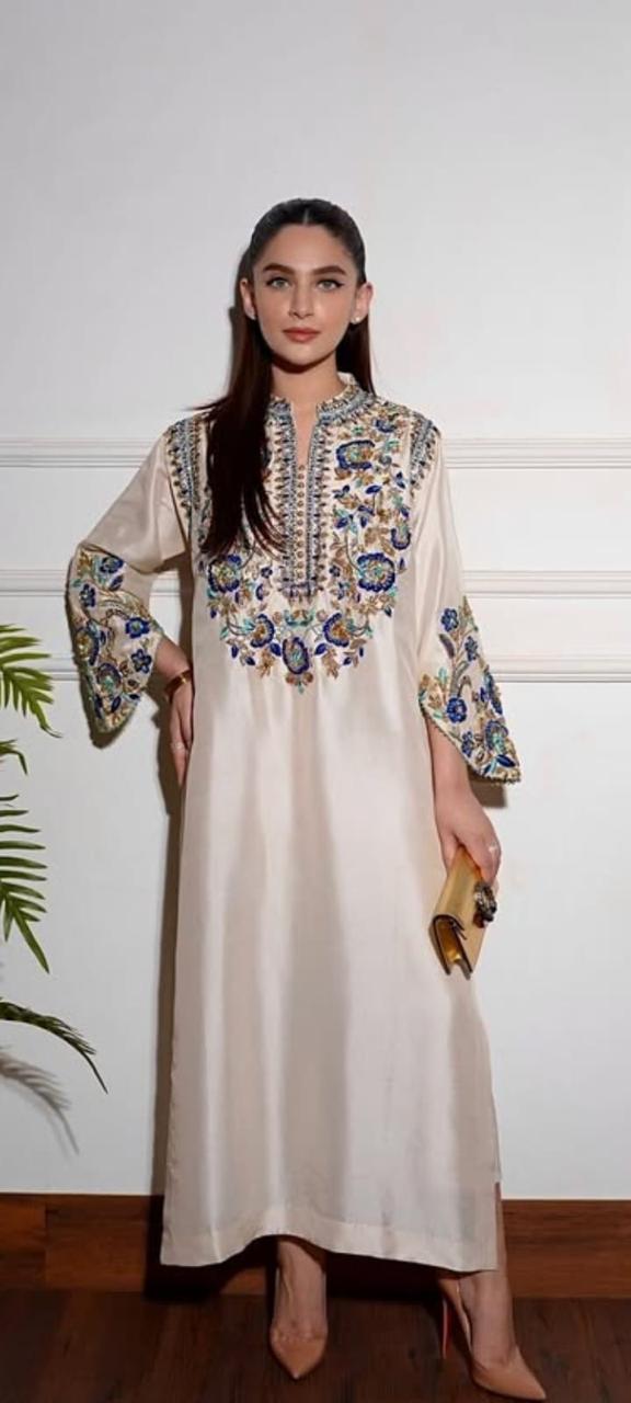 off white pure silk 3 piece suit with silk dupatta dabka pearl sequins hand embellished work
