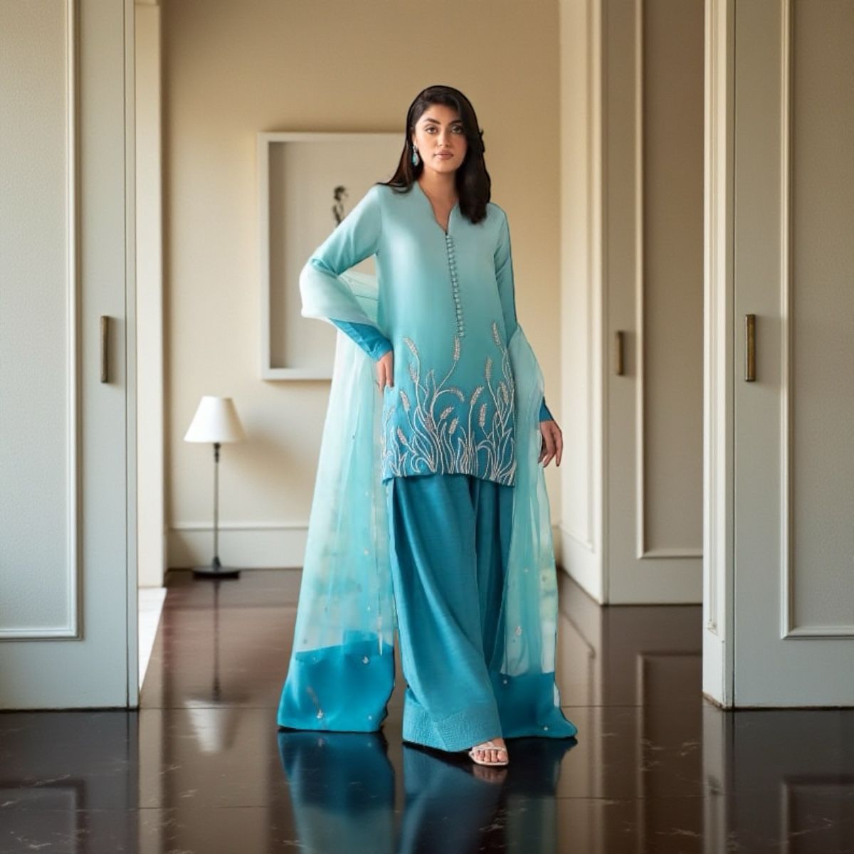 “Luxury Cotton Silk 3-Piece Suit – Handmade Work + Organza Dupatta”