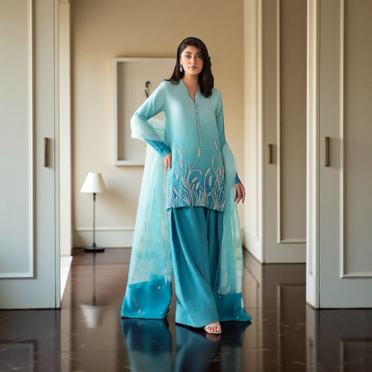 “Luxury Cotton Silk 3-Piece Suit – Handmade Work + Organza Dupatta”