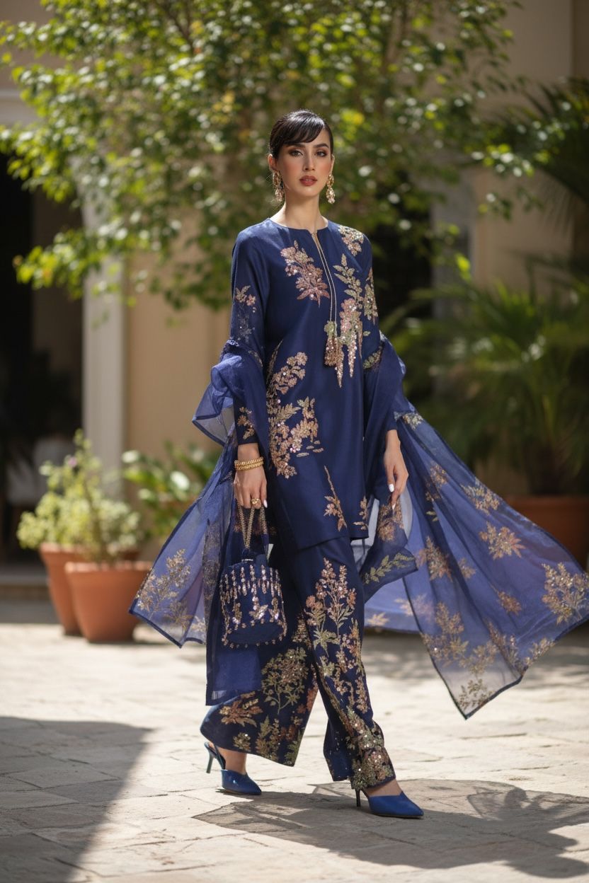 Pure Raj Silk Party Wear 3-Piece Suit with Hand-Painted Organza Dupatta