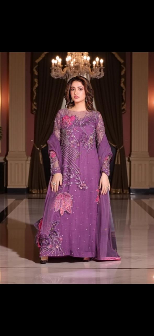 Three-Piece Party Wear Sheesha Silk Suit – Handmade Work