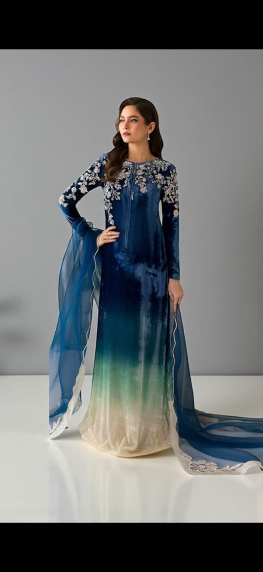 Three-Piece Sheesha Silk Party Wear Suit – Handmade Embroidery