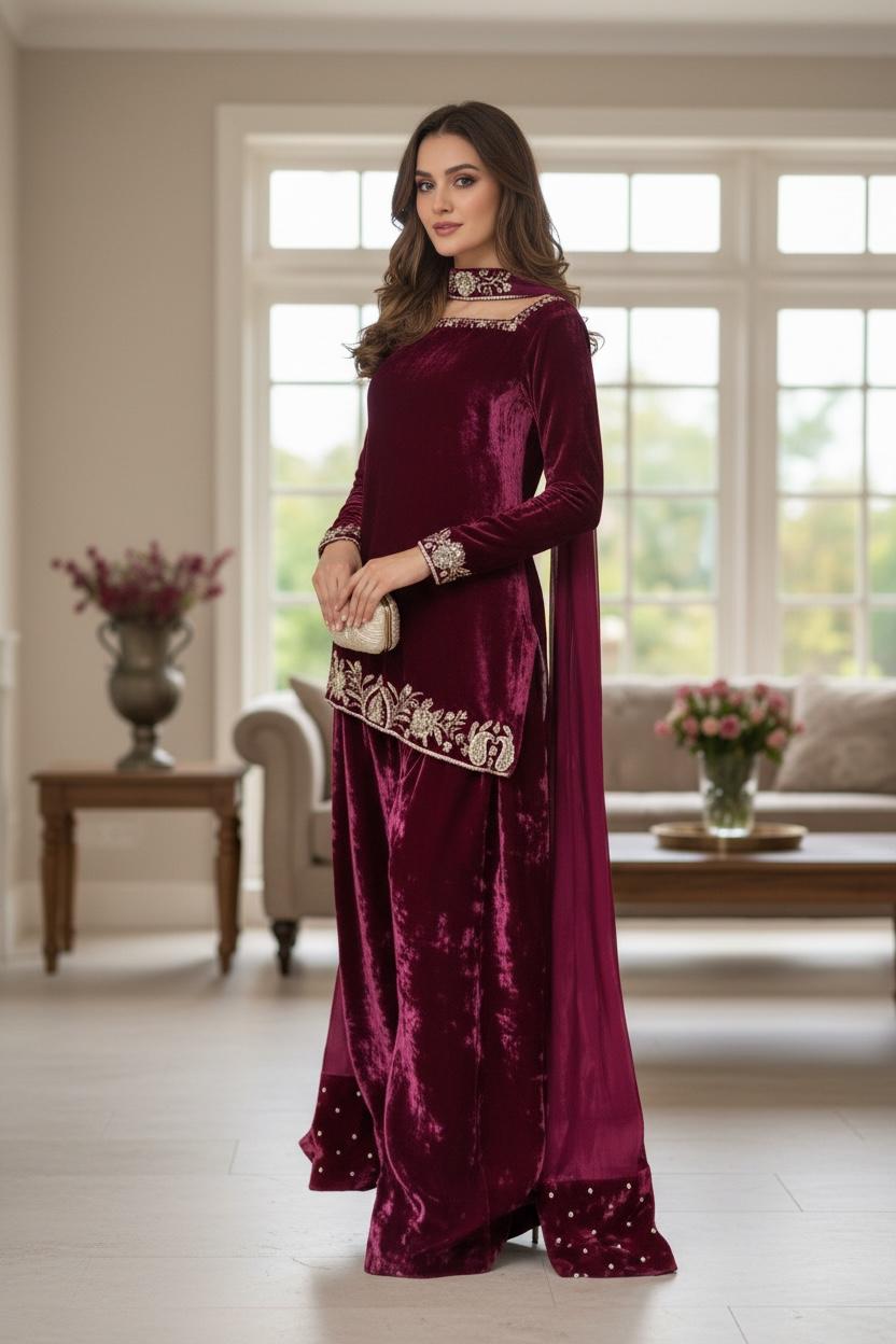 Three-Piece Sheesha Silk Party Wear Suit – Handmade Work