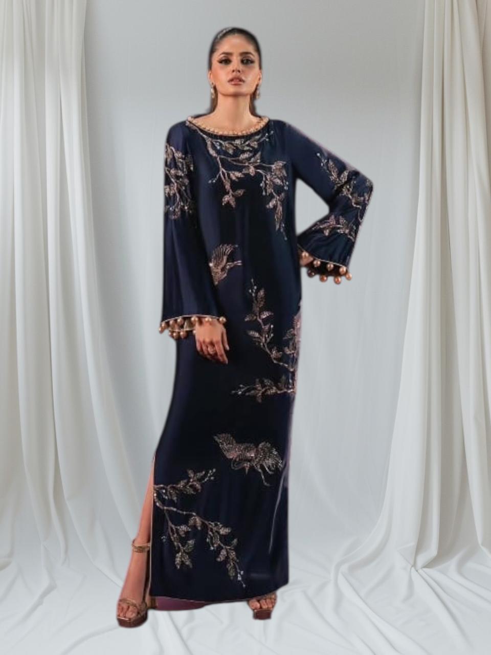 Three-Piece Sheesha Silk Party Wear Suit – Handmade Work