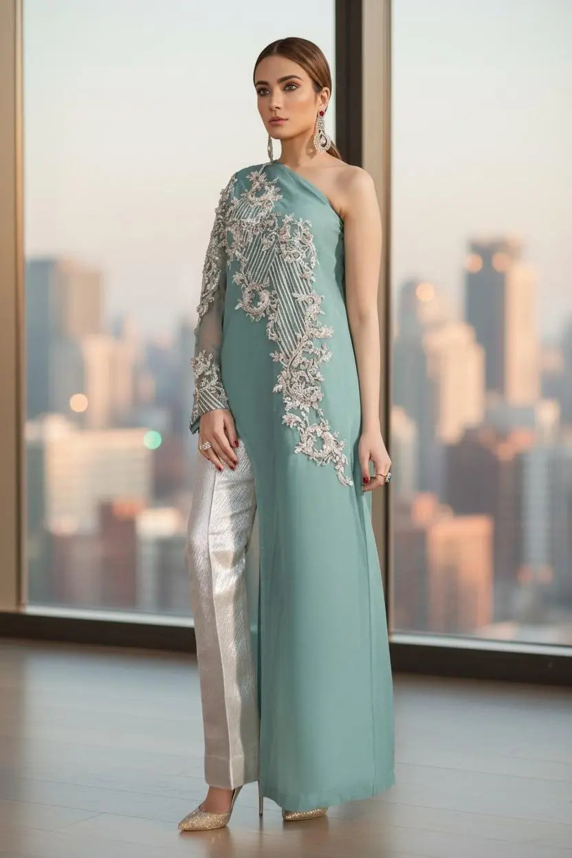 Luxury Party Wear 2-Piece Organza Suit with Jamawar Trouser & Hand Embellishment