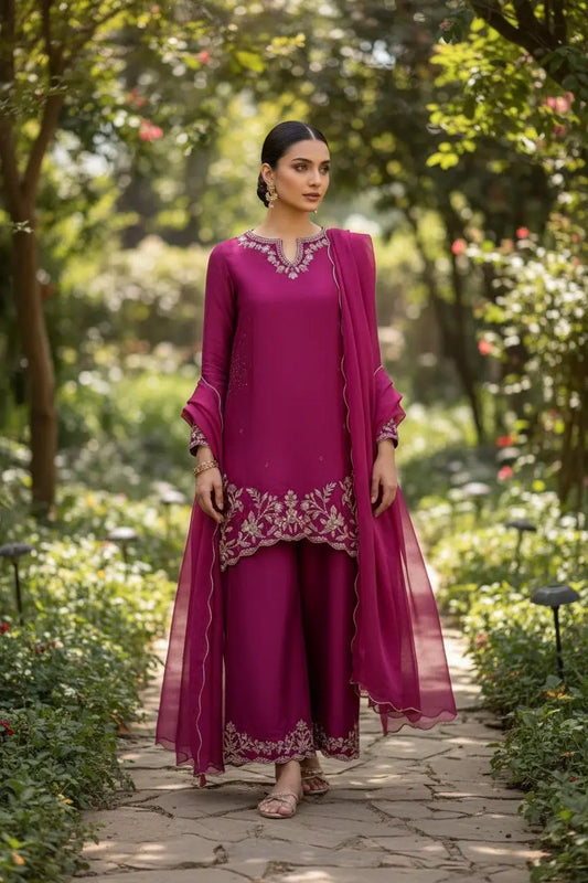 Luxury Party Wear 3-Piece Suit in Korean Raw Silk with Handwork & Chiffon Dupatta