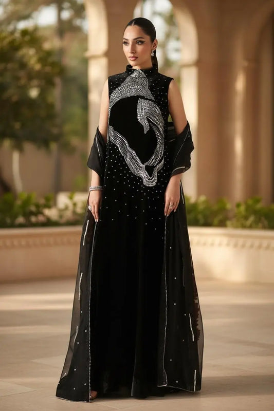 Velvet Long Shirt with Silk Trousers & Organza Dupatta – Sequined Stone Work