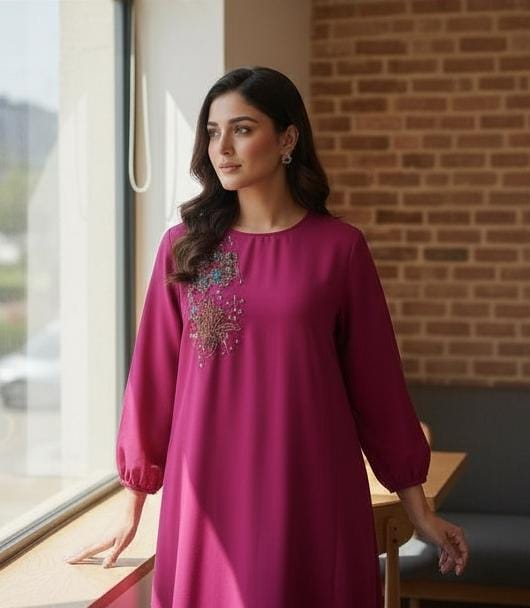 Korean Raw Silk Handmade pearls Work Shirt | Luxury Party Wear