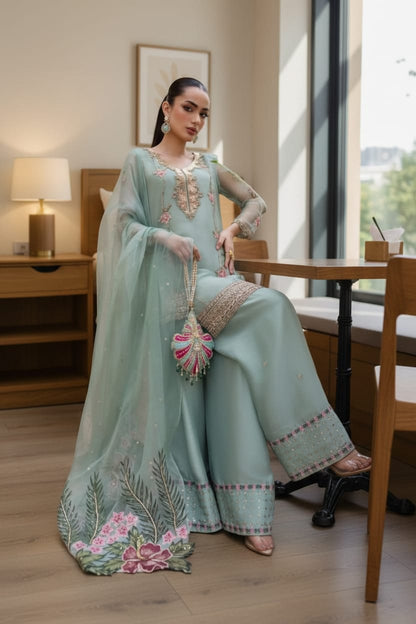 Raw Silk Suit with Aari & Gota Work Shirt and Organza Dupatta | Party Wear | SJ-081