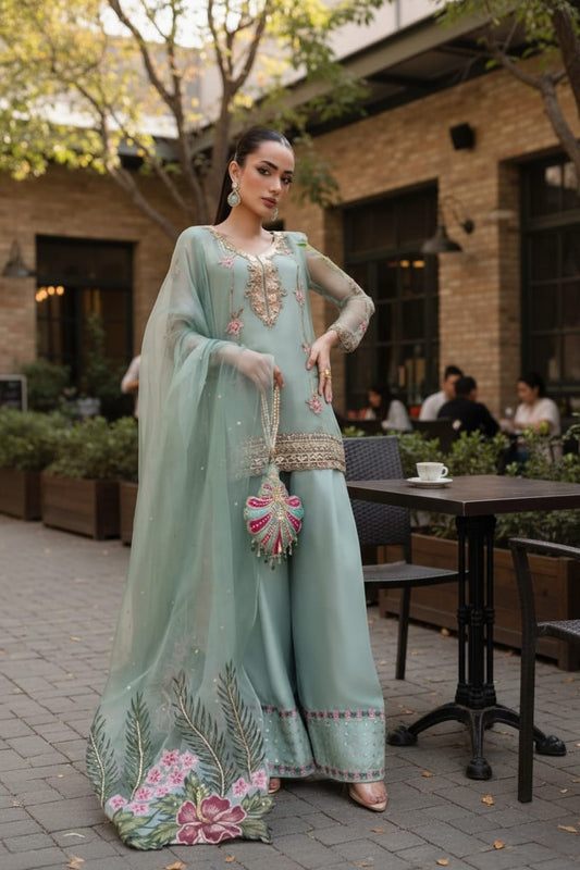 Raw Silk Suit with Aari & Gota Work Shirt and Organza Dupatta | Party Wear