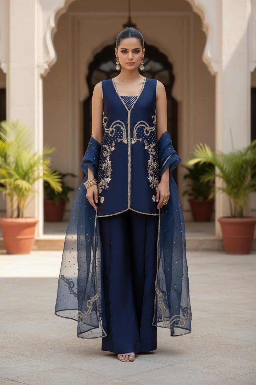 Raw Silk Three-Piece Suit | Dabka, Moti & Sequince Work with Organza Dupatta