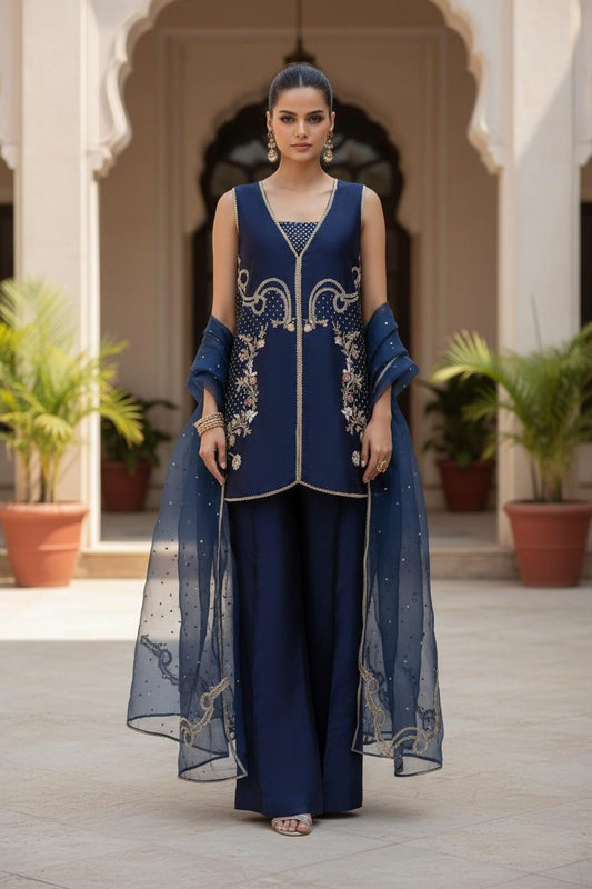 Raw Silk Three-Piece Suit | Dabka, Moti & Sequince Work with Organza Dupatta