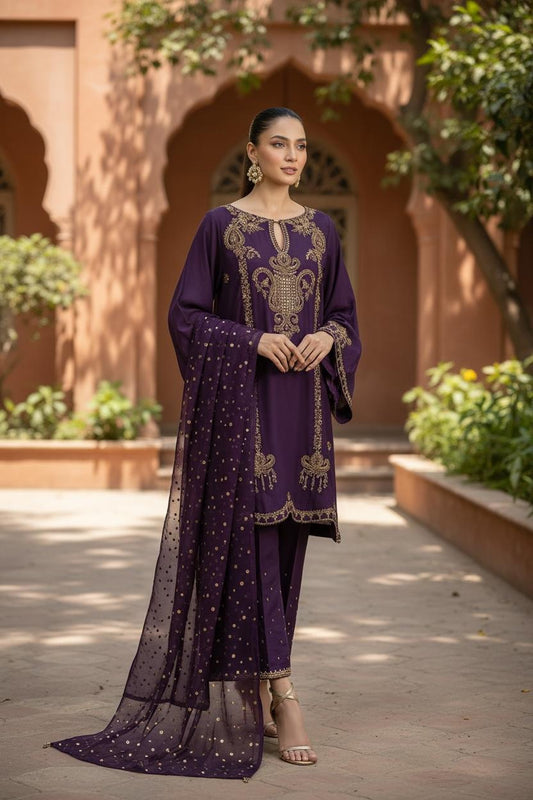 Raw Silk Three-Piece Suit | Dabka, Stone & Sequince Work with Organza Dupatta