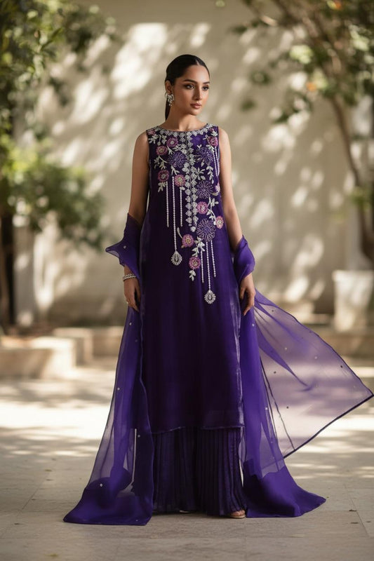 Three-Piece Party Wear |  Pearls & Sequince  Work with Organza Dupatta & Crush Plazo