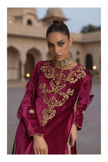 Party Wear Three-Piece Shisha Silk Suit | Handmade Work with Crush Dupatta