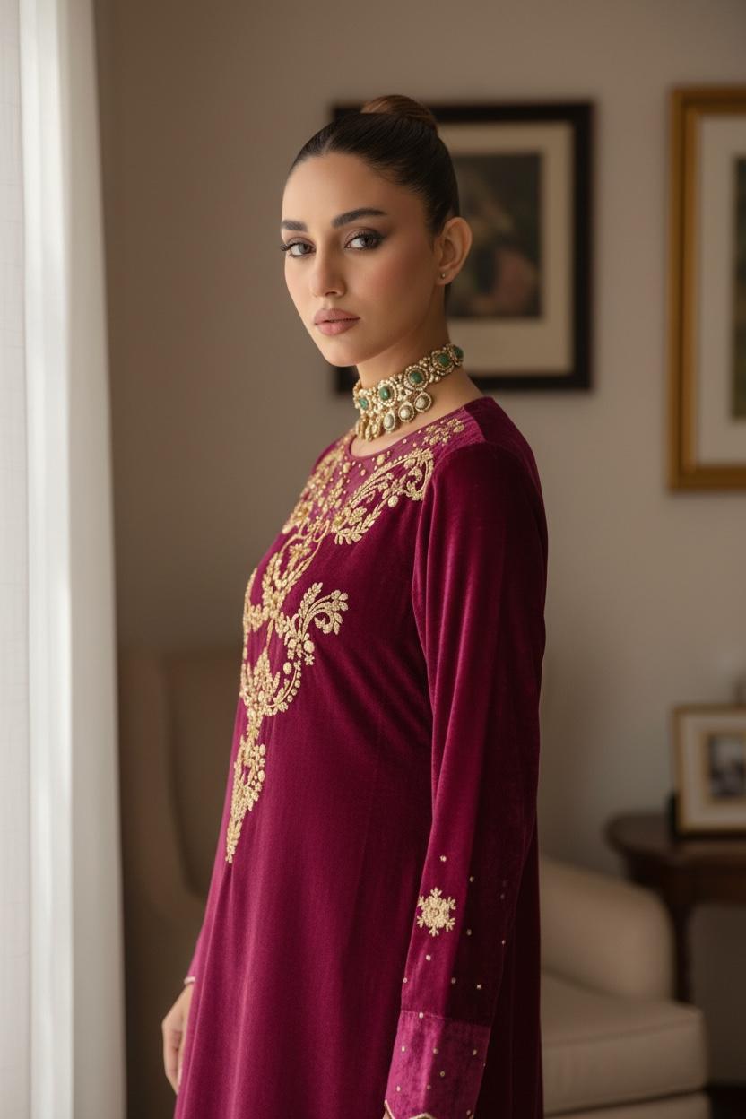 Party Wear Three-Piece Shisha Silk Suit | Handmade Work with Crush Dupatta