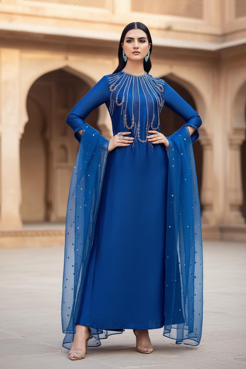 Raw Silk Three-Piece Suit | Stone, Moti & Pearls Work with Organza Dupatta