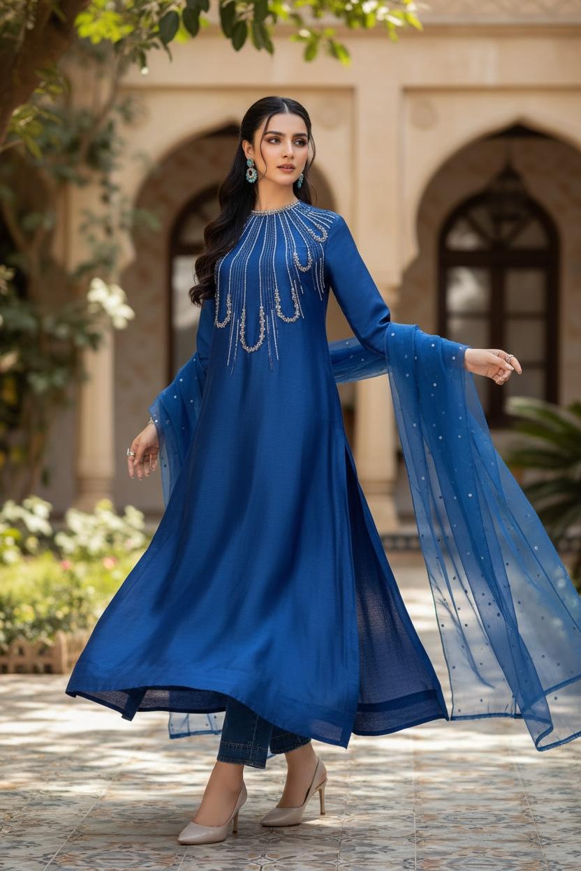 Raw Silk Three-Piece Suit | Stone, Moti & Pearls Work with Organza Dupatta