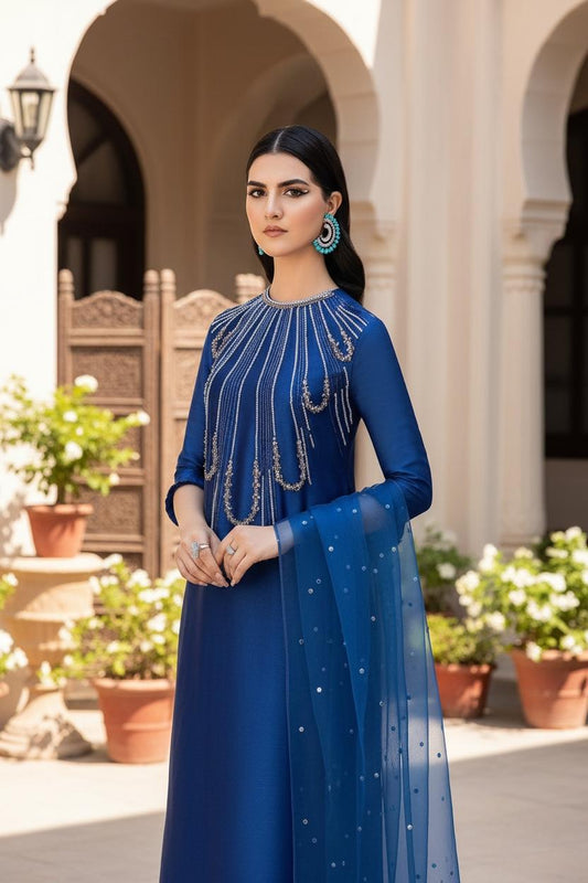 Raw Silk Three-Piece Suit | Stone, Moti & Pearls Work with Organza Dupatta