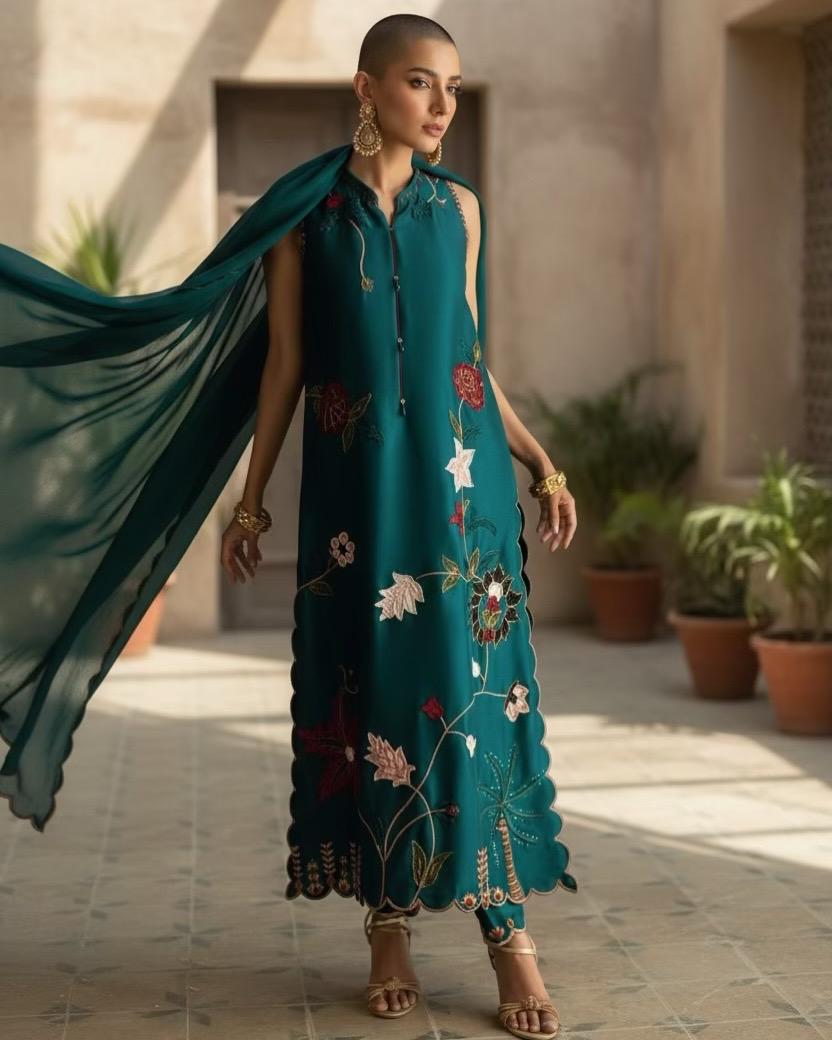 Premium Silk 3-Piece Party Wear Suit with Chiffon Dupatta