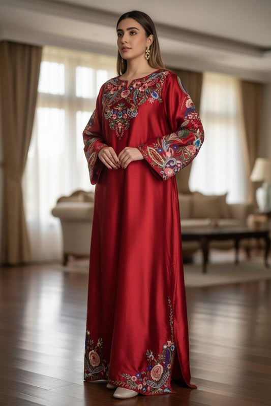 Red Korean Raw Silk Party Wear Suit with Chiffon Dupatta