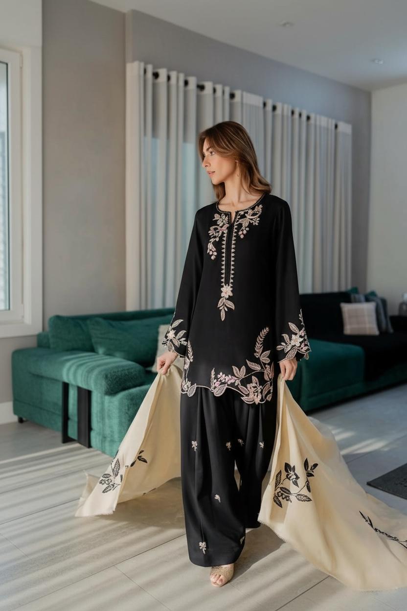 Black Marina Stuff Suit with Cream Dupatta