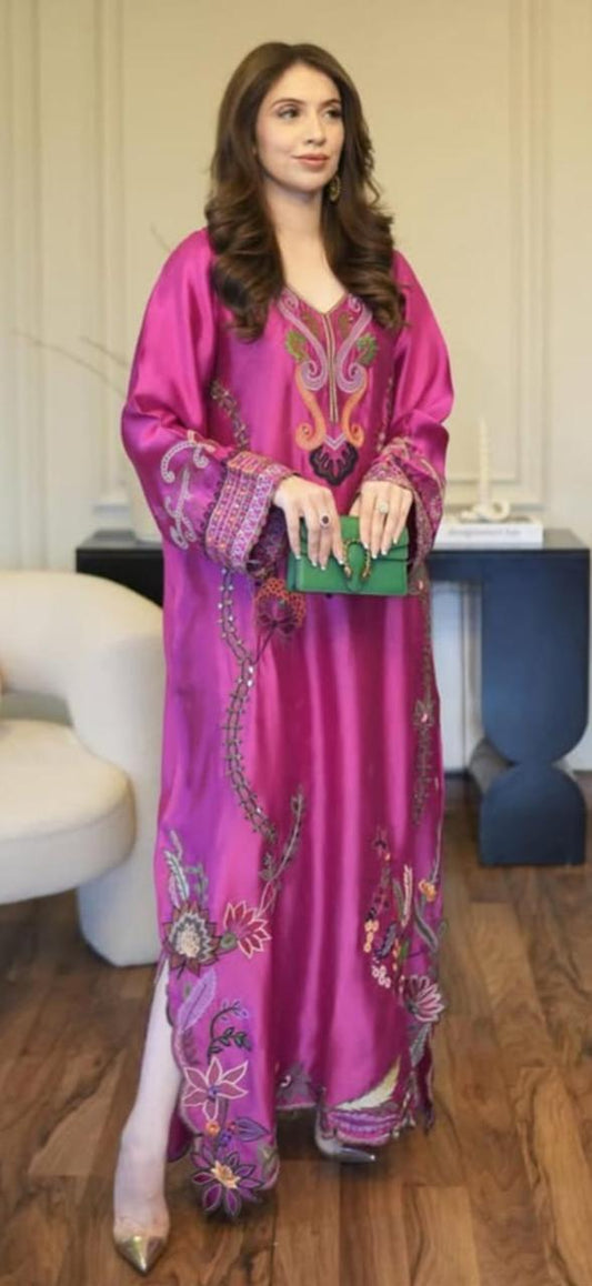 Pink Korean Silk Two Piece Suit with Reta & Mirror Work