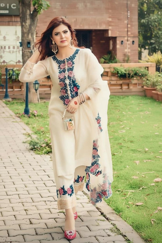 Skin White Raw Silk Three Piece Suit with Organza Dupatta