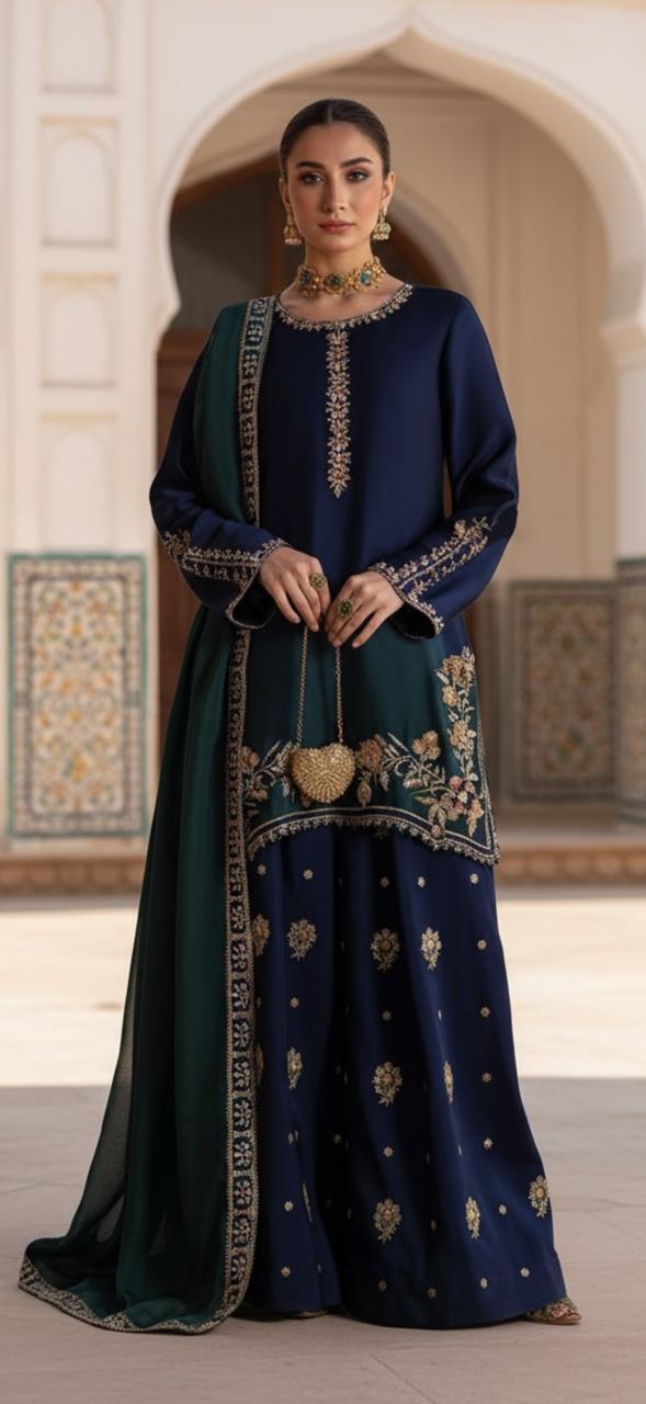 Navy Blue Green Bridal Three Piece Silk Suit with Sharara | SJ-056