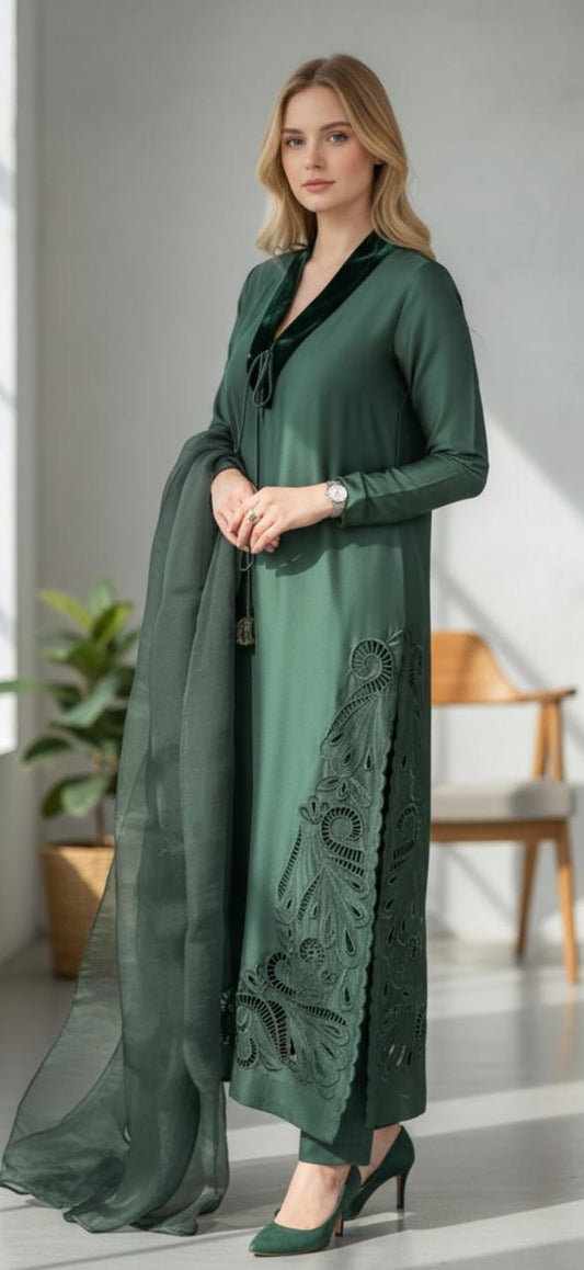 Green Korean Silk Three Piece Long Shirt Suit with Organza Dupatta