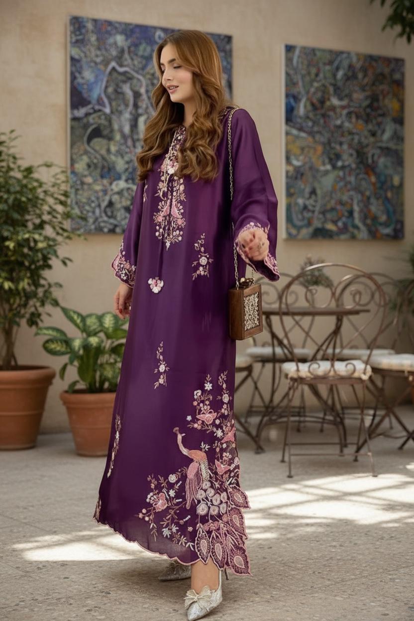 Silk Long Shirt Three Piece Suit with Silk Dupatta & Reta Work