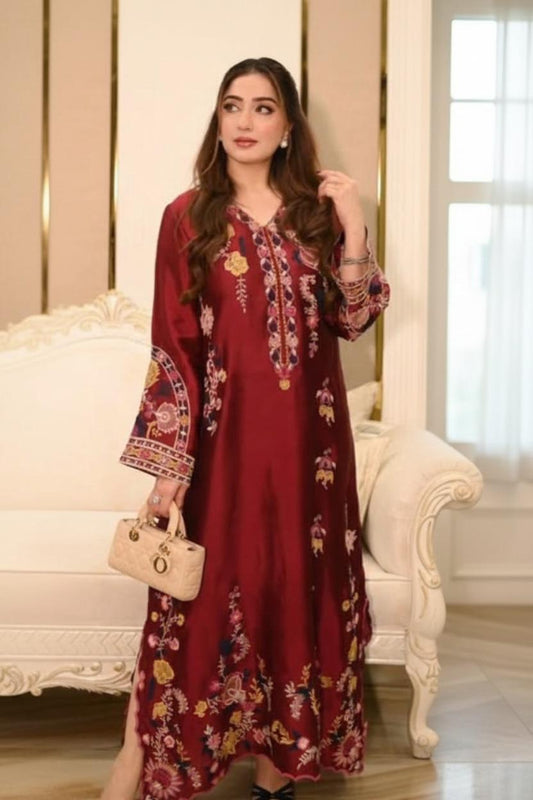 Red Sheesha Silk Two Piece Long Shirt Suit with Reta Work