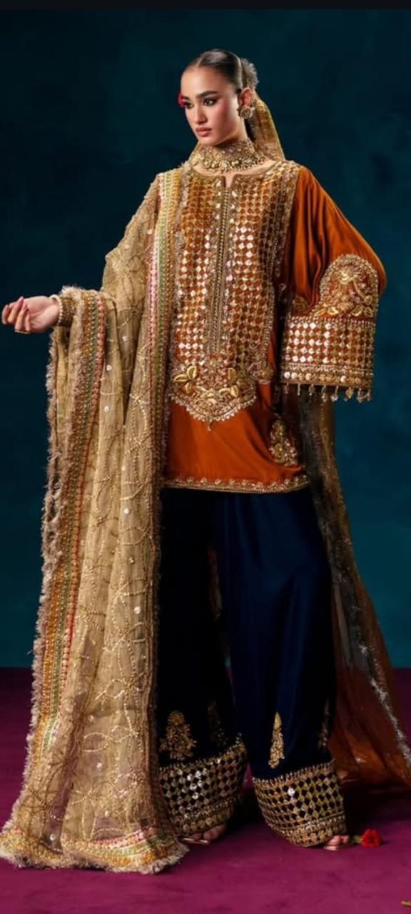 Raw Silk Three Piece Suit with Fully Embroidered Organza Dupatta (Front & Back Design)