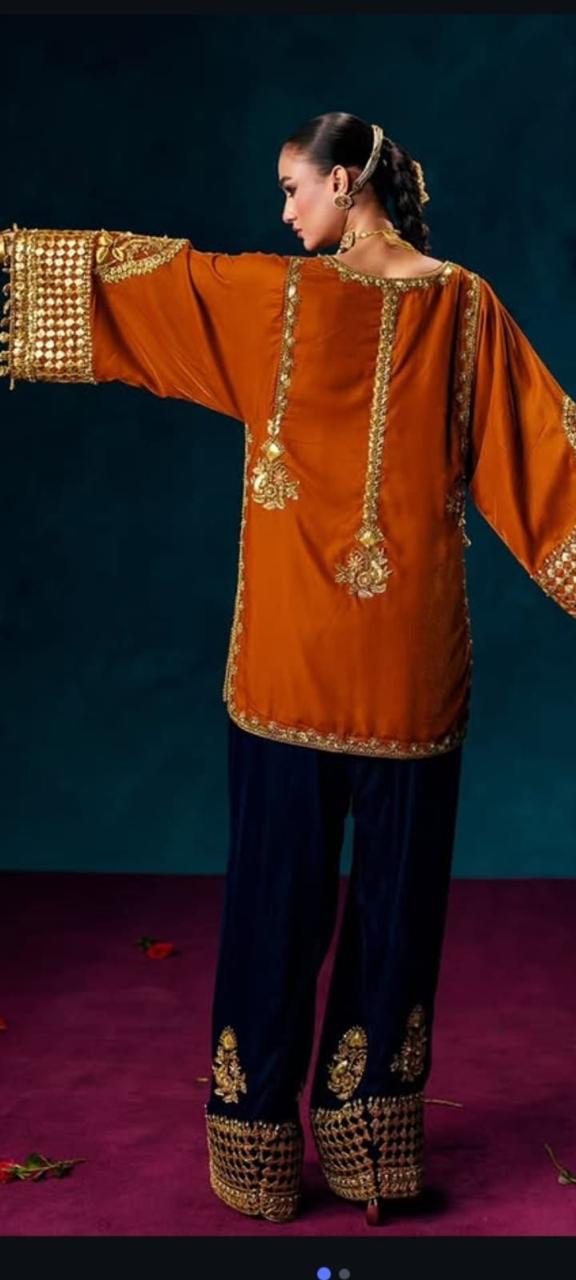 Raw Silk Three Piece Suit with Fully Embroidered Organza Dupatta (Front & Back Design)