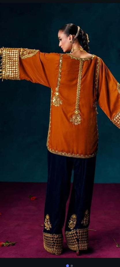 Raw Silk Three Piece Suit with Fully Embroidered Organza Dupatta (Front & Back Design)