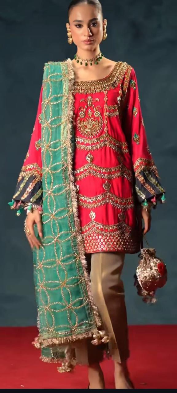 Red Three Piece Sheesha Silk Suit with Fully Embroidered Green Organza Dupatta