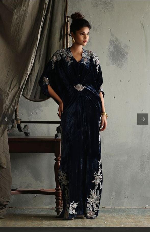 Black Velvet Kaftan with Resham, Pearl & 3D Flower Work