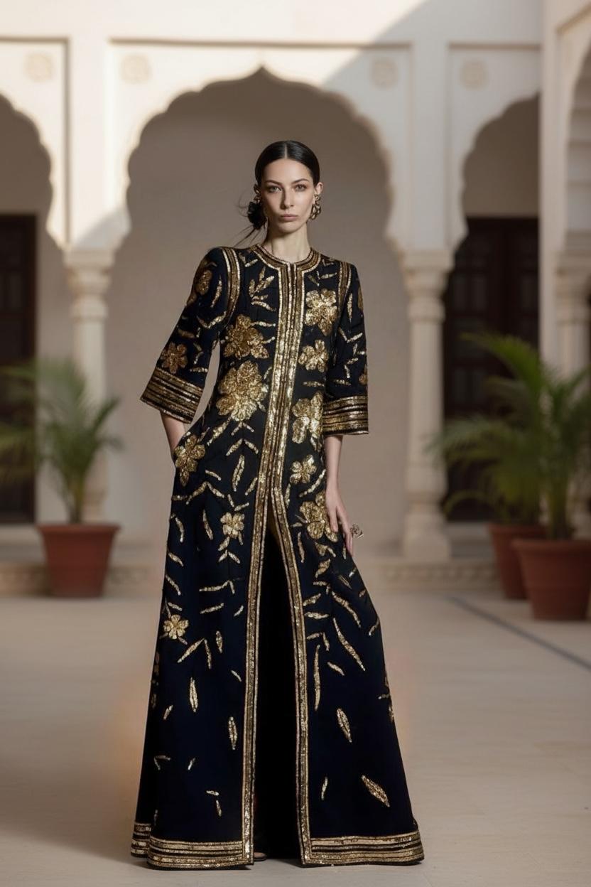 Black Russian Silk Two Piece Gown with Sequence & Stone Work