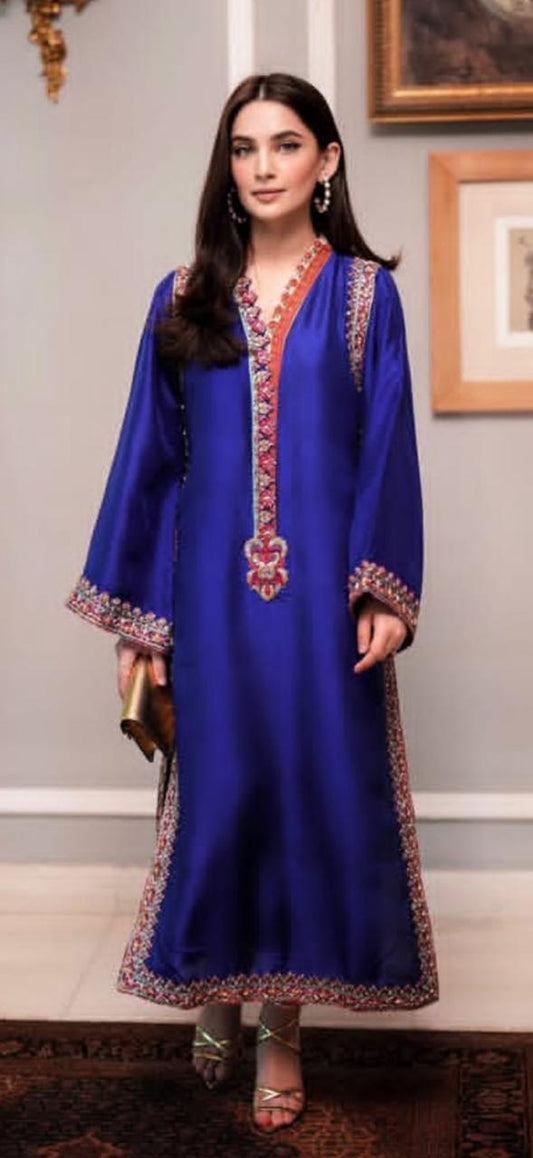 Blue Korean Silk Three Piece Suit – Chiffon Dupatta with Handwork